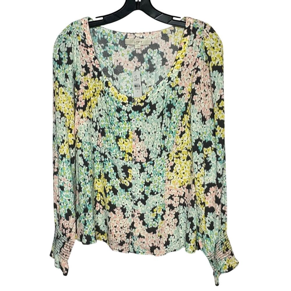 Loft Button Down Floral Garden Empire Smocked Cuff Blouse Top Size Small New